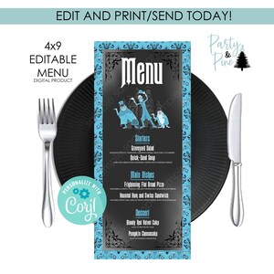 May include: A printable 4x9 inch menu template with a blue and black haunted mansion theme. The menu features the text "Menu" in a white font with a black outline. The menu includes the text "Starters", "Graveyard Salad", "Quick-Sand Soup", "Main Dishes", "Frightening Flat Bread Pizza", "Haunted Ham and Swiss Sandwich", "Dessert", "Bloody Red Velvet Cake", and "Pumpkin Cheesecake".
