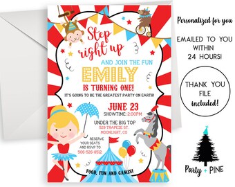 Circus Birthday Invitation Invite Girl Digital Kids ANY AGE Carnival PARTY Red Blue White Yellow 5x7