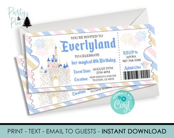 Puede incluir: Una invitación a una fiesta de cumpleaños de 8 años en forma de boleto azul y rosa para Everlyland. El boleto presenta un castillo de dibujos animados con fuegos artificiales y el texto "You're invited to Everlyland to celebrate her magical 8th birthday". La fecha del evento es el 19 de agosto de 2 pm a 4 pm en 9099 Disneyland Dr., Tucson, AZ 68552.