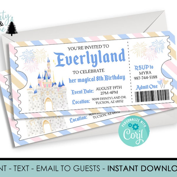 Editable Disneyland Birthday Ticket Invitation Invite Disneyworld Party Magic Castle Theme Park Digital 6.5x3 Instant Download