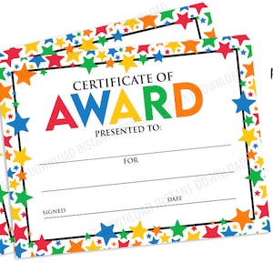 Printable Award Certificate School Teacher Digital Print 11x8.5 Instant Download Student Awards Kids Elementary Colorful Stars