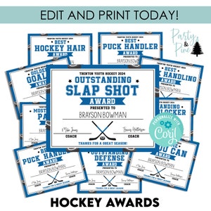 May include: Blue and white printable hockey awards certificates with the text "Trenton Youth Hockey 2024" and "Hockey Awards". The awards include categories such as "Best Hockey Hair", "Puck Handler", "Golden Goal", "Most  Passionate Player", "Outstanding Slap Shot", "Best Handling", "Outstanding Defense", "You Can", and "Landing Locker".