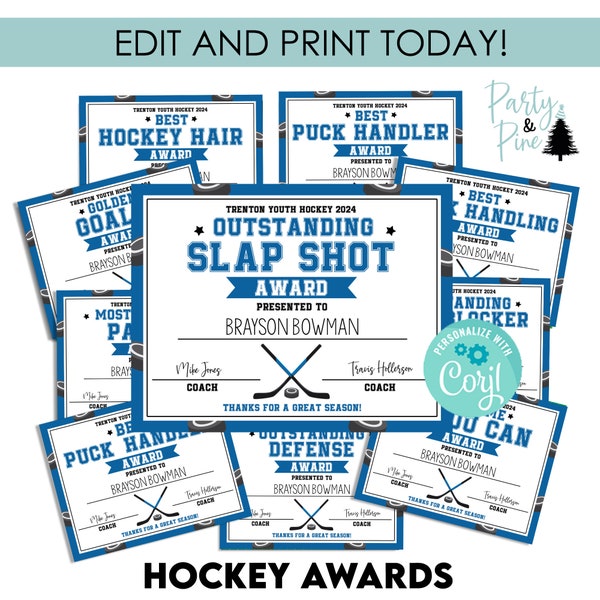 Hockey Awards Template End of Season Editable Sports Certificate Player Gift Printable Digital 11x8.5 Instant Download