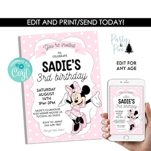 Invito di compleanno modificabile di Minnie Mouse, modello digitale 5x7, download immediato, per qualsiasi età, festa per bambini rosa.