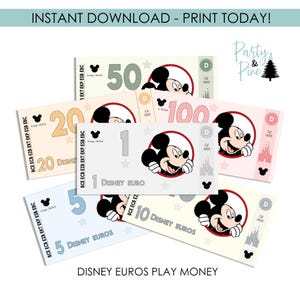 Voucher para gastos com dinheiro de brinquedo da Disneylândia para impressão Pacote de download instantâneo Euros Mickey Mouse Digital