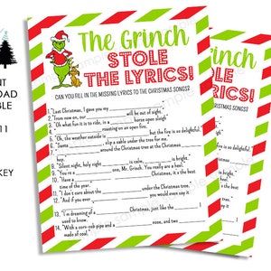Printable Christmas Game Grinch Stole the Lyrics Music Games Holiday Instant Download Grinchmas Party