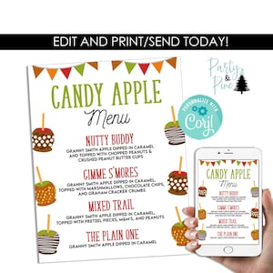 May include: A white printable Candy Apple Menu with a green and orange banner at the top. The menu lists four candy apple flavors: Nutty Buddy, Gimme S'Mores, Mixed Trail, and The Plain One. A smartphone displays the menu.