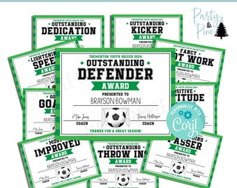 Puede incluir: Certificados de premios de fútbol verde y blanco con un gráfico de balón de fútbol y texto que dice "Trementon Youth Soccer 2024" y "Soccer Awards".
