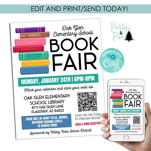 Editable Book Fair Template Flyer Digital 8.5x11 School Event Sale Fundraiser Kids Instant Download