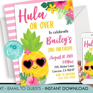 Editable Pineapple Birthday Invitation Digital Invite Hula Luau 5x7 Kids Summer Girls Sunglasses Instant Download Template Alohs
