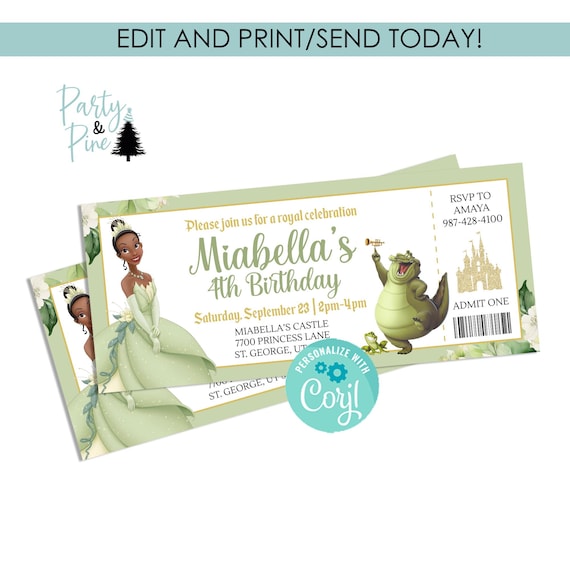 Editable Tiana Birthday Ticket Invitation Digital 7x3 Invite