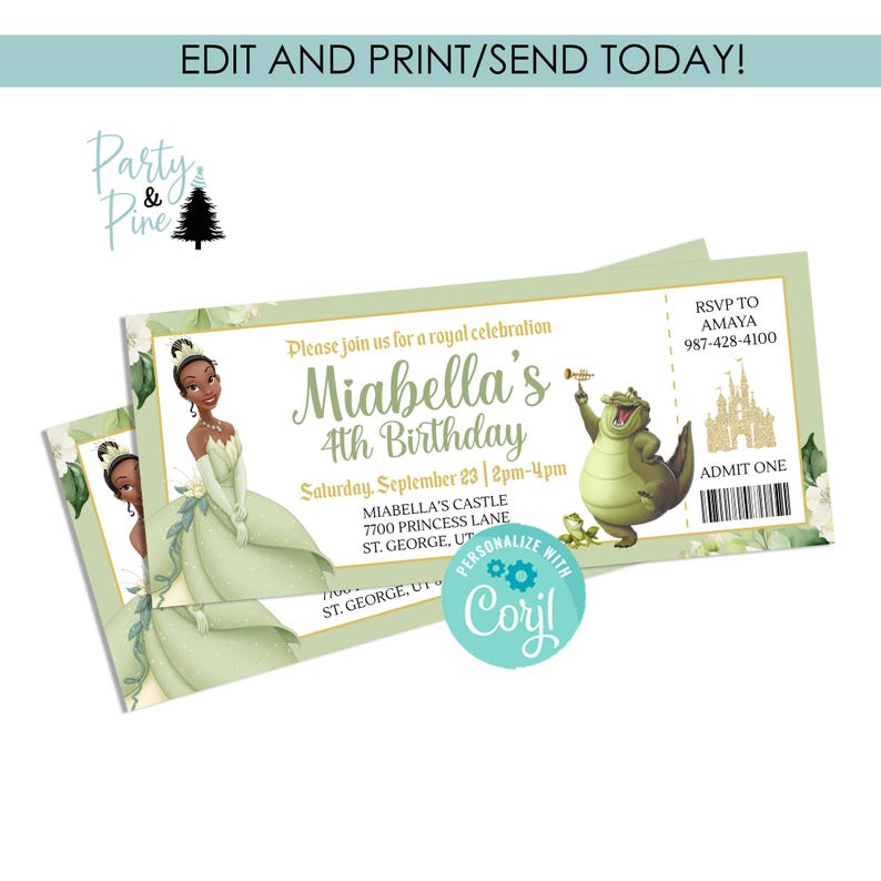 Editable Tiana Birthday Ticket Invitation Digital 7x3 Invite Template ...