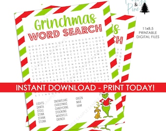 Könnte beinhalten: Ein druckbares Grinchmas-Wortsuchrätsel mit einem rot-grünen Zuckerstangenrand. Die Wortsuche enthält Wörter wie "Grinch" und "Christmas". Das Bild enthält auch den Text "Sofortiger Download - Jetzt drucken!"