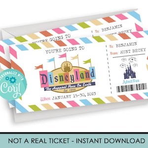 Editable Printable Ticket Disneyland, Surprise Trip, Birthday Gift, Mickey Mouse INSTANT DOWNLOAD Vintage Template Certificate, Gift Reveal