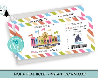 Editable Printable Ticket Disneyland, Surprise Trip, Birthday Gift, Mickey Mouse INSTANT DOWNLOAD Vintage Template Certificate, Gift Reveal