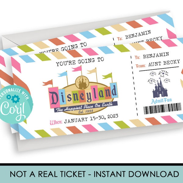 Editable Printable Ticket Disneyland, Surprise Trip, Birthday Gift, Mickey Mouse INSTANT DOWNLOAD Vintage Template Certificate, Gift Reveal