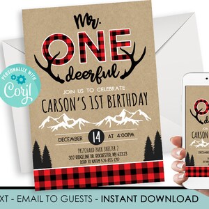 Editable Mr. Onedeerful Invitation Invite Lumberjack Plaid Winter Boy First 1st Birthday Digital 5x7 Antlers Deer Instant Download Template