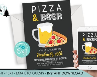 Editable Pizza Beer Birthday Invitation Invite Digital 5x7 Chalkboard Brew Brews Adult ANY AGE Instant Download Template