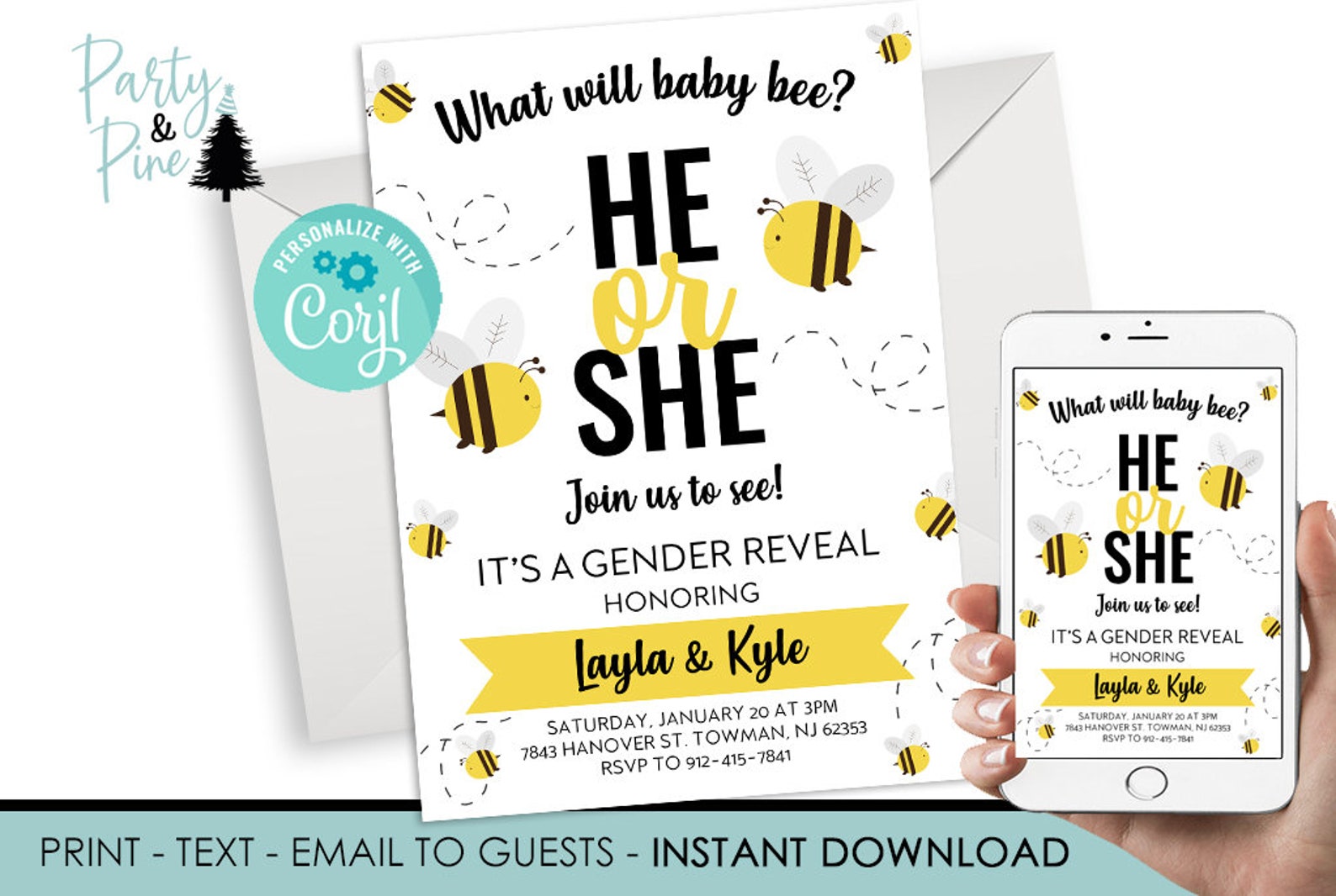 Editable Bee Gender Reveal Invitation Invite What Will Baby Digital 5x7 ...