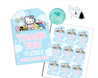 Kitty and Friends Favor Tag EDITABLE Thank You Tags Birthday Party Pink Blue Printable Digital INSTANT DOWNLOAD