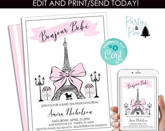 May include: A pink and white baby shower invitation with a black and white illustration of the Eiffel Tower with a pink bow. The text on the invitation reads "Bonjour Bibi" and includes the details of the baby shower, including the date, time, location, and RSVP information.