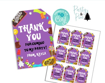 Tag modificabili per bomboniere di compleanno Wonka stampabili grazie Download istantaneo Caramelle al cioccolato viola per feste