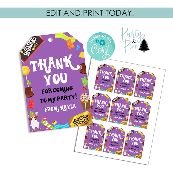 Editable Wonka Birthday Favor Tags Printable Thank You Instant Download Purple Party Chocolate Candy