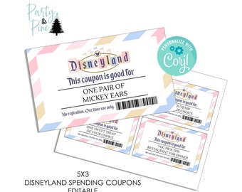 Editable Disneyland Spending Coupons Tickets Reward Voucher Vacation Template Instant Download Printable 5x3 Digital Pinks Blues Kids