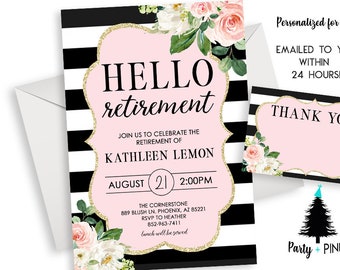 Retirement Invitation Invite Digital 5x7 Party Watercolor Floral Pink Stripes Black White Celebration Lunch Brunch Womens