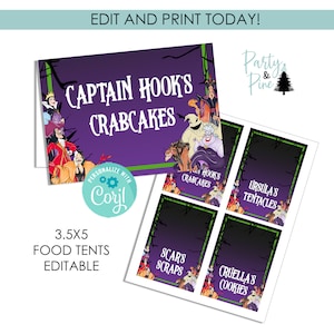 Villanos Cumpleaños Tiendas de Comida Digital 3.5x5 Halloween Púrpura Plantilla Editable Descarga Instantánea Fiesta Púrpura Niños Villanos