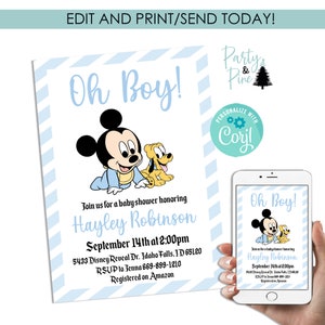 May include: A blue and white baby shower invitation with a Mickey Mouse and Pluto illustration. The invitation says "Oh Boy!" and includes the text "Join us for a baby shower honoring Hayley Robinson September 14th at 2:00pm 5433 Disney Reveal Dr. Idaho Falls. ID 65120 RSUP to Jenna 669-899-1210 Registered on Amazon".