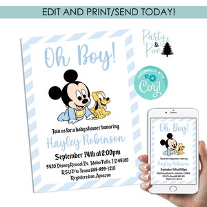 Editable Mickey Mouse BABY Shower Invitation Blue Invite Digital 5x7 Sprinkle Template Pluto Instant Download