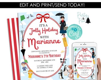 Editable Mary Poppins Birthday Invitation Digital Invite Jolly Holiday 5x7 Template Kids Party Instant Download Red Blue Stripe