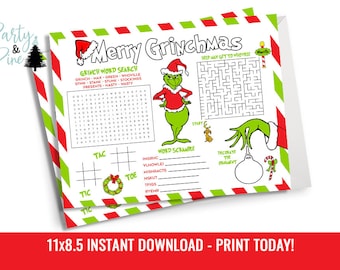 May include: A white paper with a red and green striped border featuring a Grinch-themed activity sheet. The sheet includes a word search, maze, word scramble, and tic-tac-toe. The text "Merry Grinchmas" is at the top.