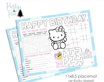 Kitty and Friends Placemat Activity Coloring Page Birthday Decor Game Party Printable Digital 11x8.5 INSTANT DOWNLOAD