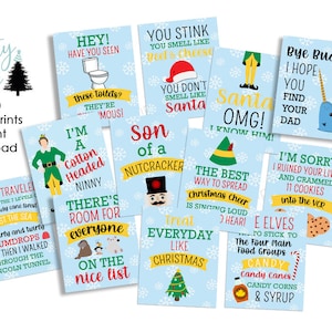 Könnte beinhalten: Eine Sammlung digitaler 8x10-Drucke mit humorvollen Zitaten und Illustrationen zum Thema Weihnachten. Die Drucke zeigen Sätze wie „Son of a Nutcracker“ und „I'm a Cotton Headed Ninny“. Der Hintergrund ist hellblau mit Schneeflocken.