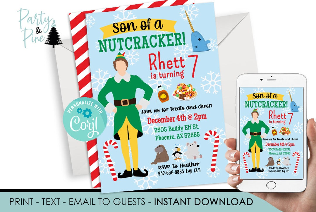 Buddy Elf Birthday Invitation, Editable Christmas Party Invite (digital ...