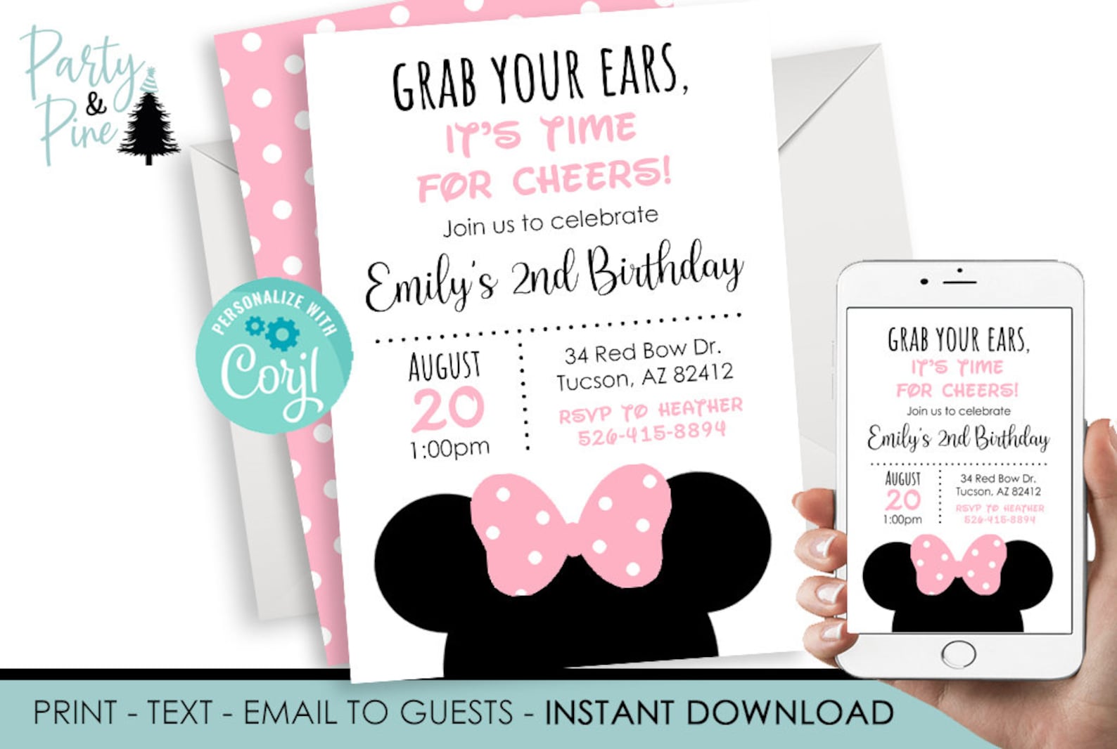 Editable Minnie Mouse Birthday Invitation, Pink Polka Dot (digital ...