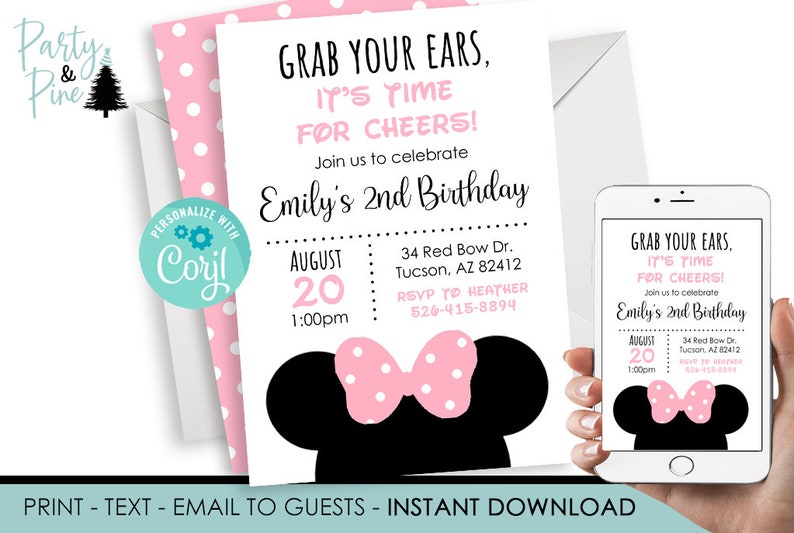 Editable Minnie Mouse Birthday Invitation, Pink Polka Dot (digital ...