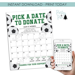 Könnte beinhalten: Ein druckbarer grün-schwarzer Fußball-Kalender mit dem Text "Wähle ein Datum zum Spenden". Der Kalender hat die Zahlen 1 bis 31 und den Text "Bonus Jeder Betrag" in den letzten vier Feldern. Der Text "So funktioniert's" ist mit Anweisungen zum Auswählen eines Datums und Spenden des entsprechenden Betrags enthalten.