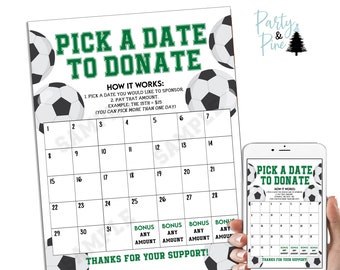 Soccer Pick a Date to Donate Fundraiser Calendar Printable Sports Team Flyer Page 8.5x11 INSTANT DOWNLOAD