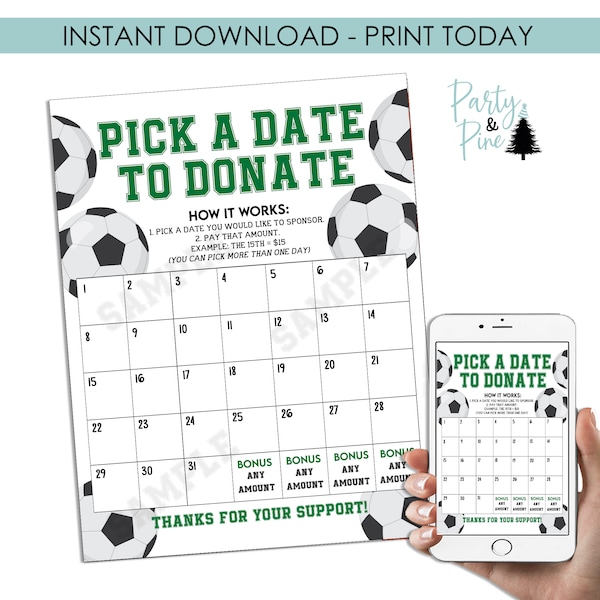 Soccer Pick a Date to Donate Fundraiser Calendar Printable Sports Team Flyer Page 8.5x11 INSTANT DOWNLOAD