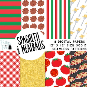 Papéis Digitais de Espaguete Almôndegas 12x12 Padrões Sem Costura Download Instantâneo Planejador de Scrapbooking Comida Italiana
