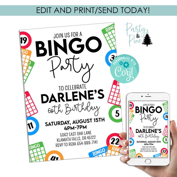 Editable Bingo Birthday Invitation Invite Digital 5x7 Game Party Night Brunch Adult Template