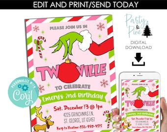 May include: A digital invitation with a pink background and green and red accents. The invitation features the text "TW VILLE" and "Emery's 2nd Birthday". The Grinch's hand is holding a red ornament. The invitation is shown on a phone.
