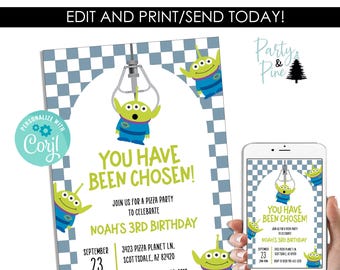 Pizza Planet Birthday Invitation Blue Invite 5x7 Editable Template Alien Instant Download Party