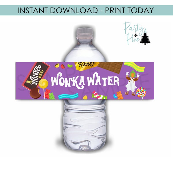 Wonka Water Bottle Labels Digital Printable Instant Download Birthday Party Decor 8.5x2.25 Kids Purple Label