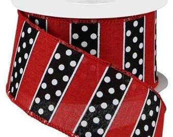Black and White Polka Dot with Red Stripes Ladybug Ribbon 2.5" x 10 Yards