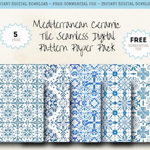 May include: Digital paper pack featuring five seamless patterns with a Mediterranean ceramic tile design. The patterns are in shades of blue and white, with floral and geometric motifs. The text on the image says "Mediterranean Ceramic Tile Seamless Digital Pattern Paper Pack."