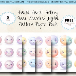 May include: Digital paper pack featuring Kawaii pastel smiley faces. The pack includes 5 PNGs with various colorful, smiling faces. The text on the image reads "Kawaii Pastel Smiley Face Seamless Digital Pattern Paper Pack" and "Free Commercial Use".